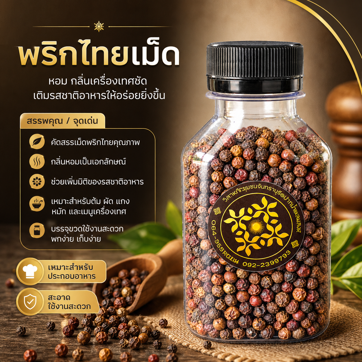 พริกไทยดำเมืองจันท์แท้ คัดพิเศษเกรดพรีเมียม (Chanthaburi Black Pepper 100g)