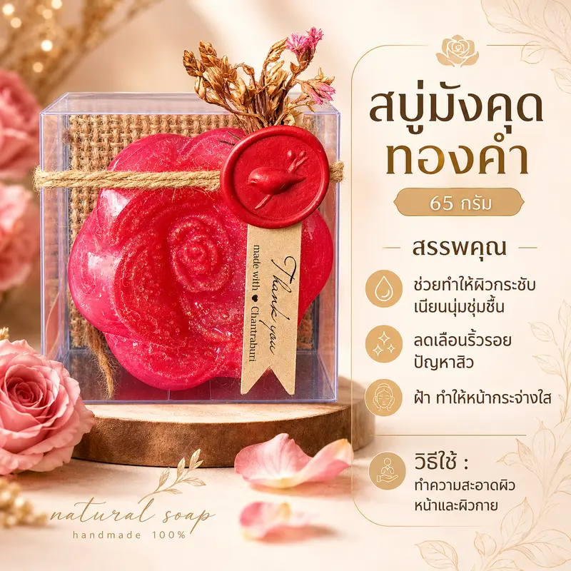 สบู่มังคุดทองคำ แฮนด์เมดทรงดอกกุหลาบ (Gold Mangosteen Soap 65g)